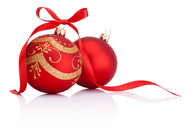 istock Two Red christmas decoration balls with ribbon bow isolated 452369033