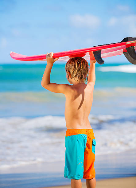 istock happy young boy at the beach with surfboard 452372643