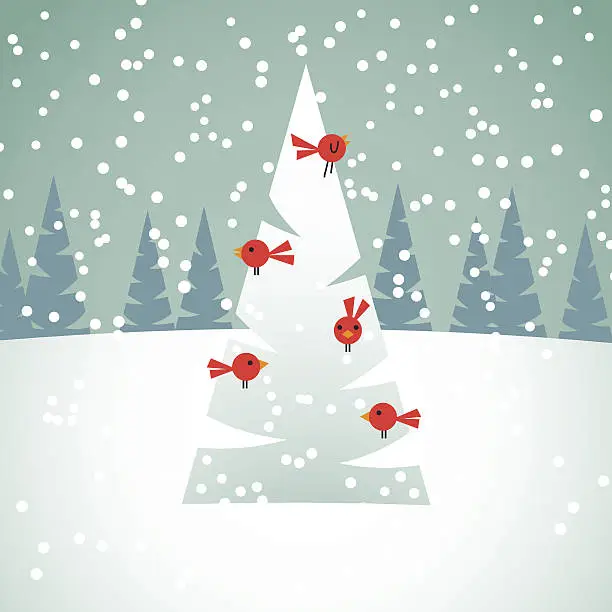 Vector illustration of Red Birds on Christmas Tree