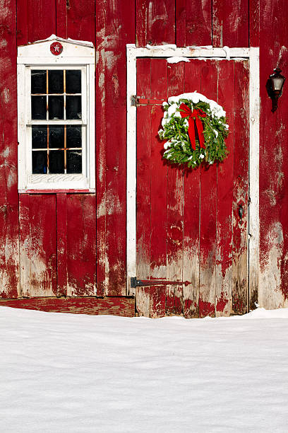 녹색 크리스마스 화관 on 우리 도어 신선한 인공눈 - wreath christmas door snow 뉴스 사진 이미지