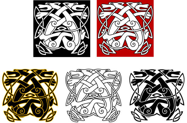 кельтский стиль волки в этническом стиле - celtic style celtic culture dog spirituality stock illustrations