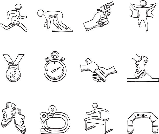 skizze icons-lauf wettbewerb - hurdle competition running sports race stock-grafiken, -clipart, -cartoons und -symbole