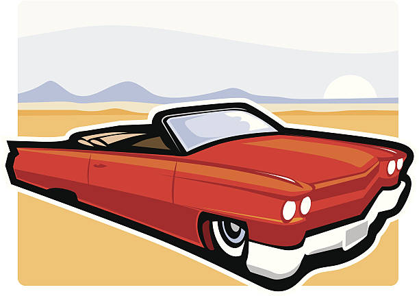 Vintage Cadillac Convertible Car American convertible car cruising. A classic, vector formatted cartoon of a 1959 Cadillac. Easily change colors and separate from the background. Cool solution for Americana or retro concept. 1950 1959 stock illustrations