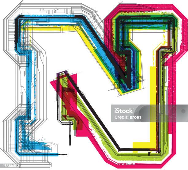 Красочные Гранж Шрифт Буква N — стоковая векторная графика и другие изображения на тему Алфавит - Алфавит, Без людей, Буква B