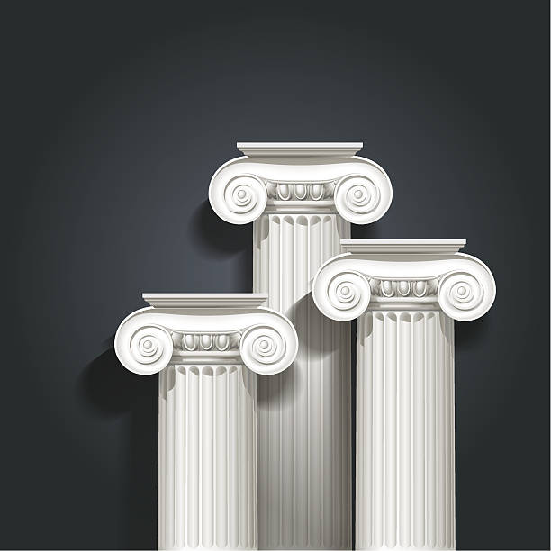 columns composition of tree columns of ionic order on dark background. ionic stock illustrations