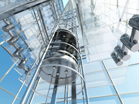 Elevator in a glass building.