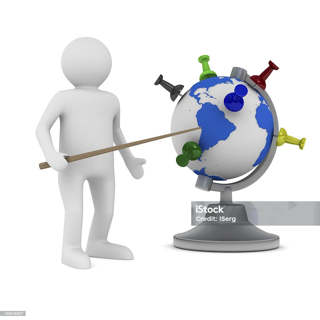 Homem e globo no fundo branco.  Imagem 3D Isolada - Royalty-free Adulto Foto de stock