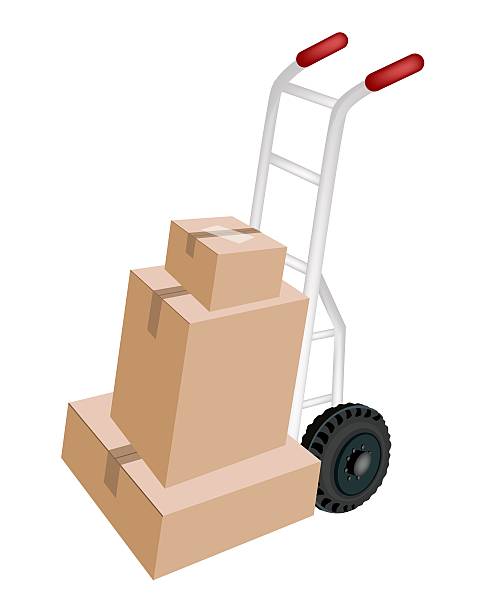 wózek transportowy ładowanie stos pudełka wysyłkowe - moving office relocation box hand truck stock illustrations