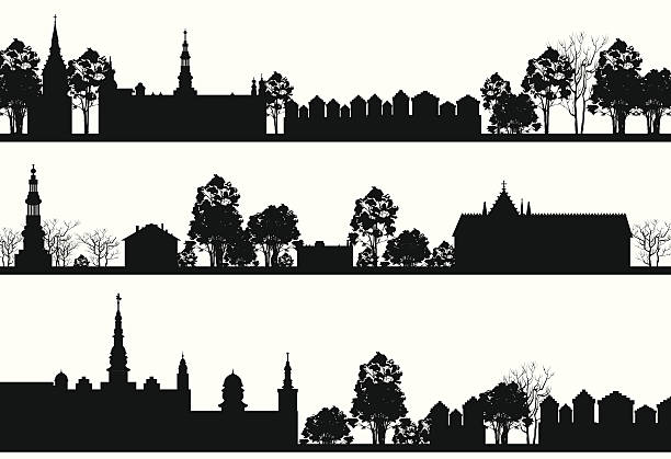 illustrations, cliparts, dessins animés et icônes de les paysages de campagne avec l'église et arbres - church spire