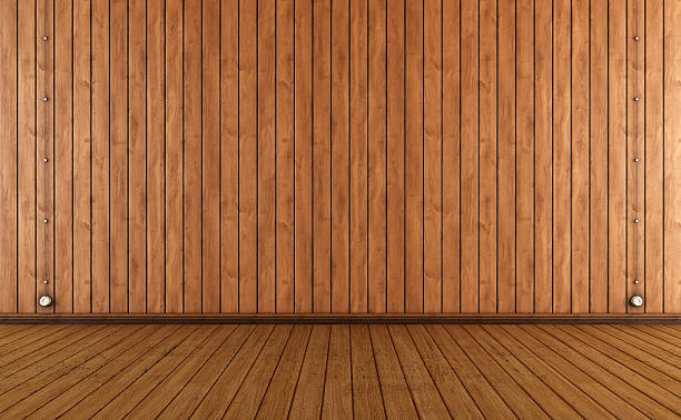 Vintage room with wooden wall paneling and electric outlet- render