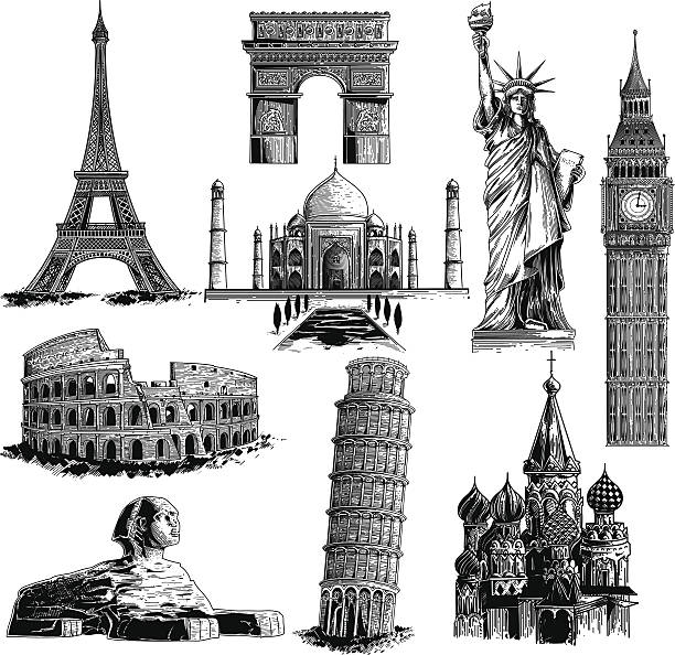 Famous landmarks Most famous landmarks. eiffel tower paris illustrations stock illustrations