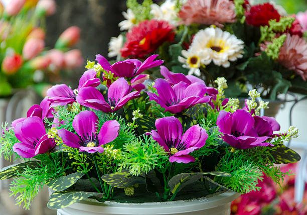 Purple fake flower pot image on stockphoto