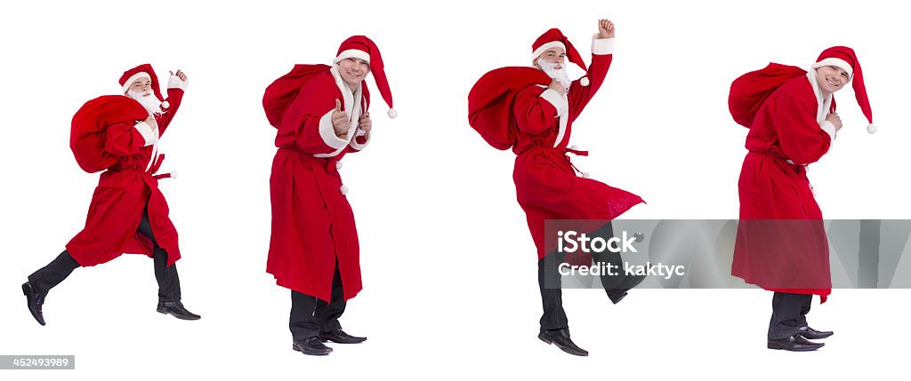 Santa Claus on the run to delivery christmas gifts Collage of four photos - Santa Claus on the run to delivery christmas gifts isolated on white background Active Seniors Stock Photo