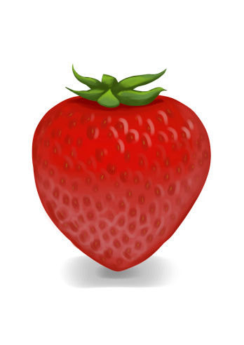 Realistic strawberry illustration, intense red whole strawberry on a white background. May represent healthy lifestyle, organic food and nutrition. It's a side view of a one whole piece of fruit, hovering with a slight shadow beneath.