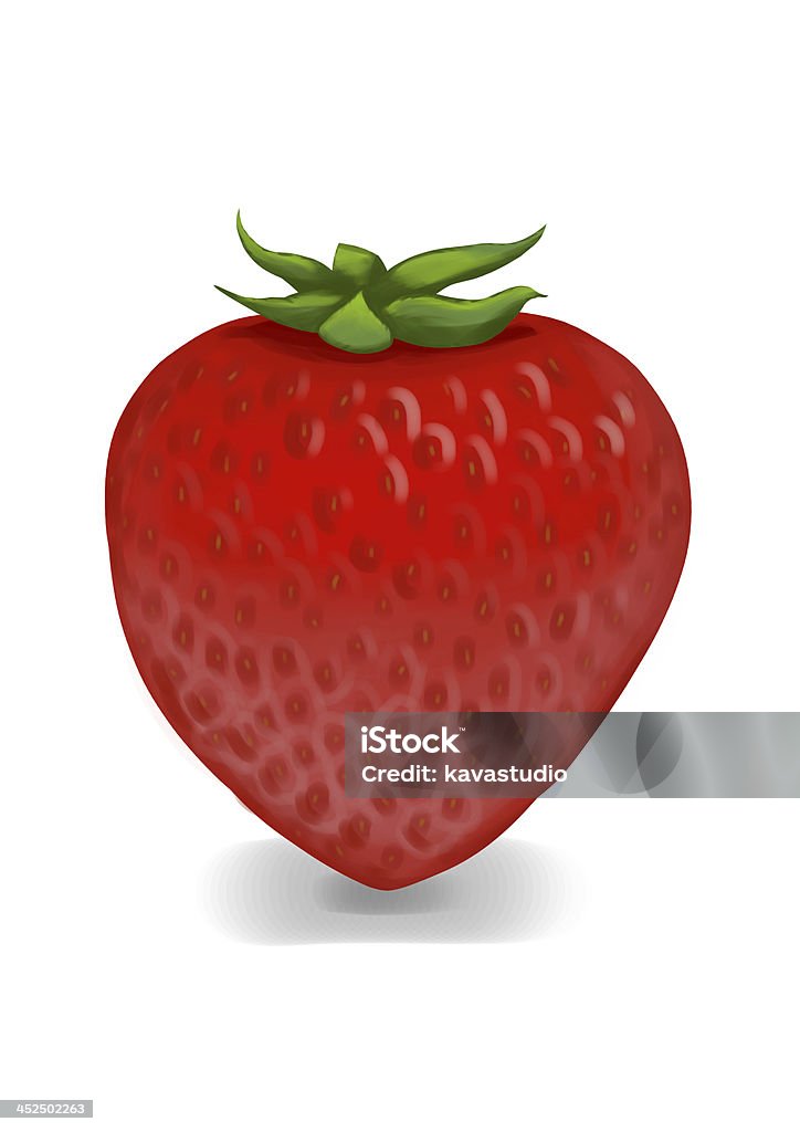 Realistic strawberry illustration, front view of one intense red fruit. Realistic strawberry illustration, intense red whole strawberry on a white background. May represent healthy lifestyle, organic food and nutrition. It's a side view of a one whole piece of fruit, hovering with a slight shadow beneath. Clip Art Stock Photo