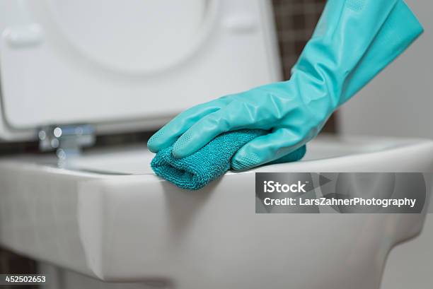 Person Cleaning The Toilet Seat In Rubber Gloves Stock Photo - Download Image Now - Bacterium, Bathroom, Brown