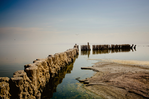 An eroded pier at the Salton Sea.