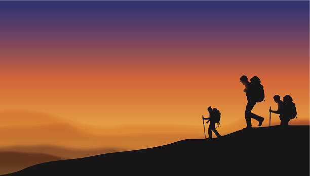 Hikers at Sunset Background Hikers at Sunset Background. Graphic silhouette illustration of three hikers at sunset. Check out my “Fitness, Exercise & Running” light box for more. hiking backgrounds stock illustrations