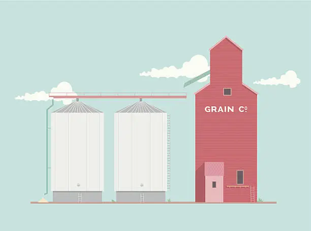 Vector illustration of Diagram of a grain silo with clouds in the background