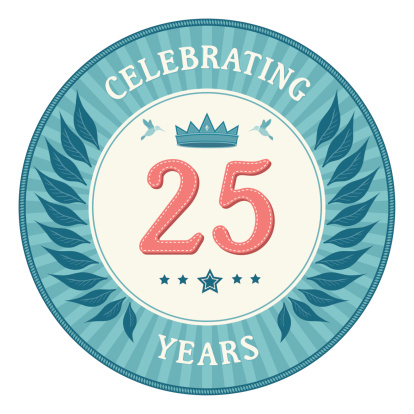 A vintage style twenty five years anniversary badge with a laurel wreath, crown and hummingbird motifs.