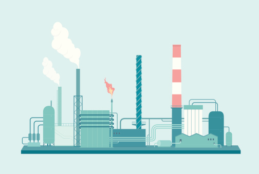 A detailed illustration of an Oil Refinery. This is an easy to edit vector illustration with CMYK color space. Each element of the factory is on a separate layer and can be easily edited.