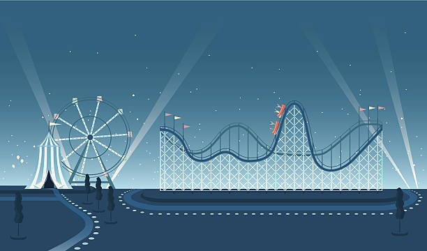 Fairground Rollercoaster Night Scene An illustrated scene of fairground at night with circus tent, roller coaster and ferris wheel. This is an easy to edit vector illustration with CMYK color space. Each element on the fairground is on a separate layer and can be easily edited. circus tent illustrations stock illustrations
