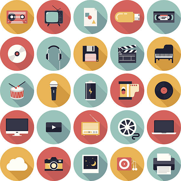 Vector illustration of media icons Modern flat icons vector illustration collection with long shadow design effect in stylish colors of  multimedia symbols, sound instruments, audio and video items and objects. Isolated on white background. audio cassette photos stock illustrations