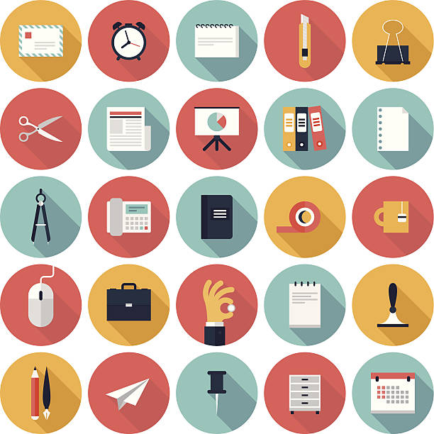 Colorful vector business office flat icon set Modern flat icons vector collection with long shadow effect in stylish colors of business elements, office equipment and marketing items. Isolated on white background. flat calendar icon stock illustrations