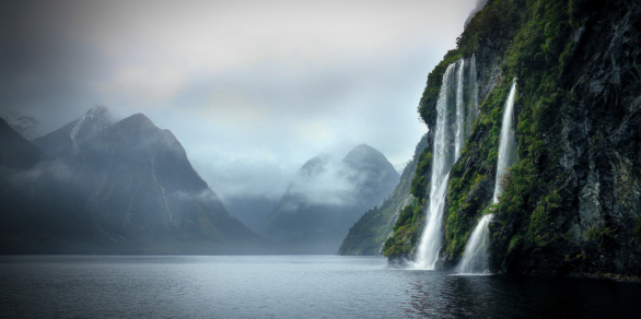 Beautiful waterfalls on a cloudy day in the Sounds