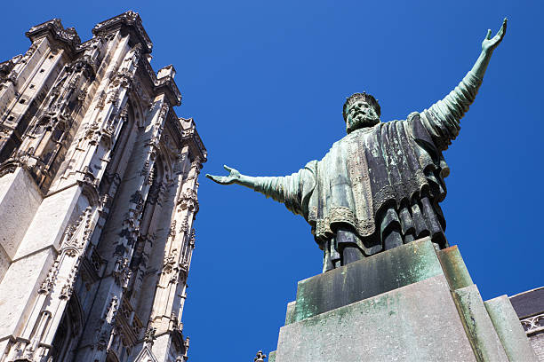 Mechelen - Statue of Christ the King in front of St. Rumbold's cathedral from south September 4, 2013 in Mechelen, Belgium.