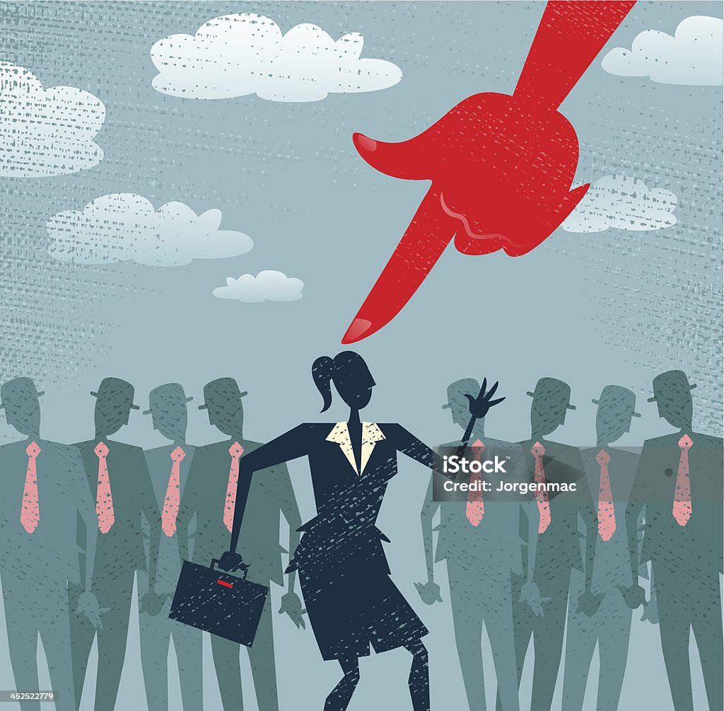 Abstract Businesswoman is Picked and Selected. Great illustration of Retro styled Businesswoman picked out from the crowd by a huge people picking red hand. All recruitment Agencies need one of these! Hi-res Jpeg, PNG and PDF files included. Abstract stock vector