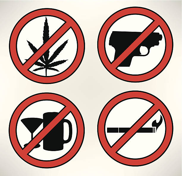 No Smoking, Guns, Alcohol, Drugs - Forbidden Signs Graphic illustrations of NO signs. No Drugs, No Guns, No Alcohol, No Smoking. Check out my "Medical and Health Vector" light box for more. gun laws stock illustrations