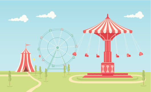 An illustrated scene of fairground on a bright day with a swing carousel, circus tent and ferris wheel. This is an easy to edit EPS 10 vector illustration with CMYK color space. Each element on the fairground is on a separate layer and can be easily edited.