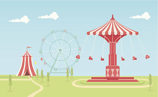 Swing Carousel Fairground An illustrated scene of fairground on a bright day with a swing carousel, circus tent and ferris wheel. This is an easy to edit EPS 10 vector illustration with CMYK color space. Each element on the fairground is on a separate layer and can be easily edited. traveling carnival illustrations stock illustrations