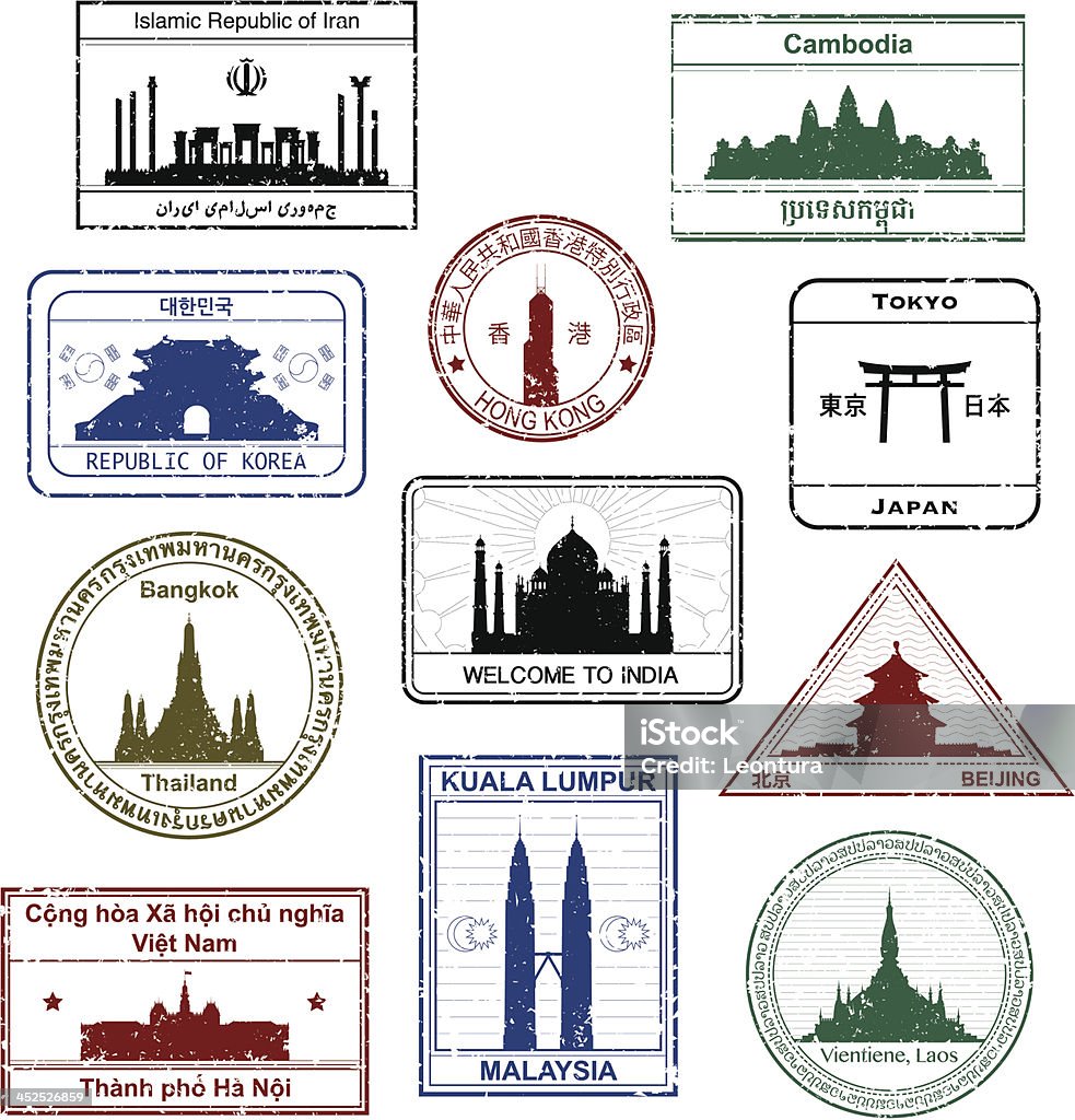 Asian Passport Stamps Passport stamps of Asia, including Iran, Cambodia, Hong Kong, Korea, India, Japan, Thailand, Malaysia, China, Vietnam, and Laos. Thailand stock vector