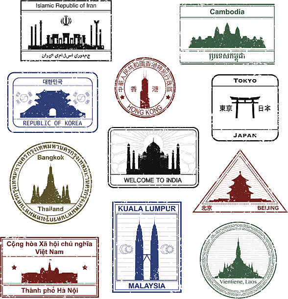 Passport stamps of Asia, including Iran, Cambodia, Hong Kong, Korea, India, Japan, Thailand, Malaysia, China, Vietnam, and Laos.