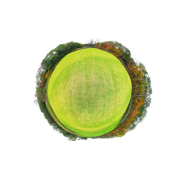 istock Little tiny planet golf course green field, Small world isolated 452532969