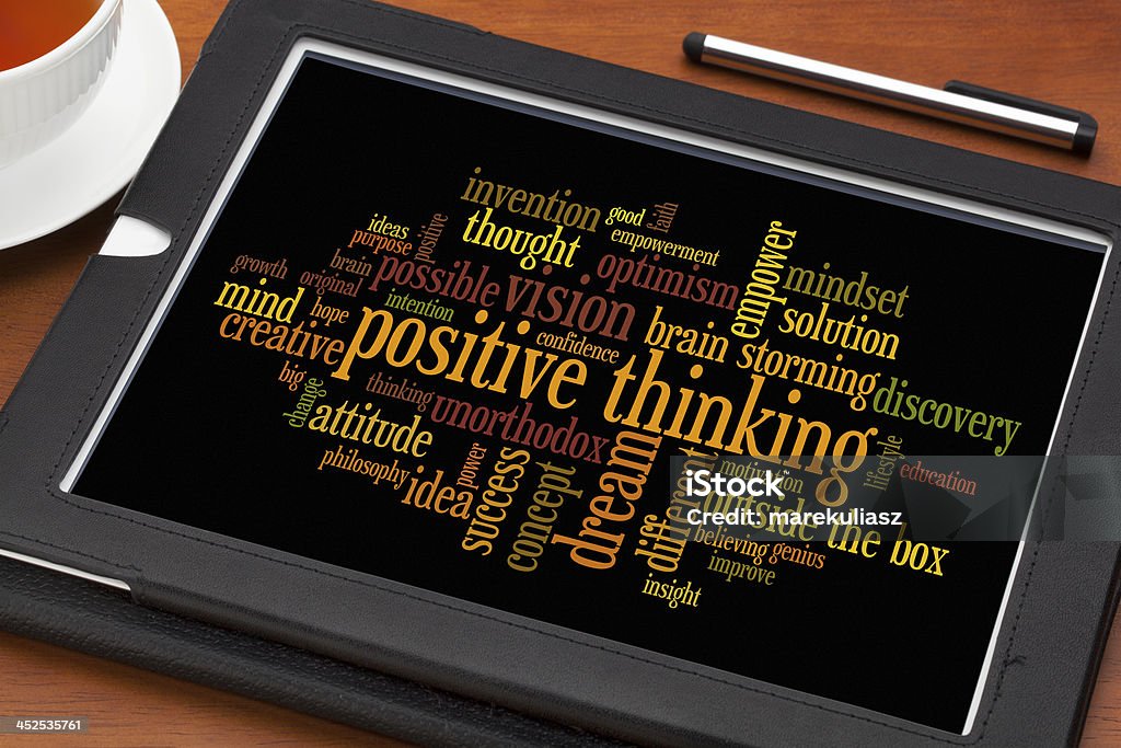 positive thinking word cloud positve thinking concept - word cloud on a digital tablet with a cup of tea Attitude Stock Photo