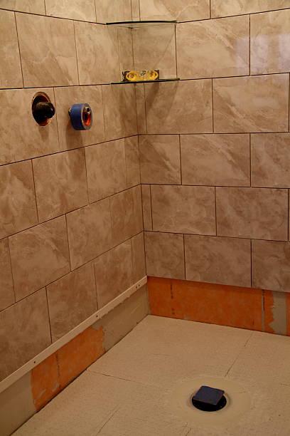 Tile shower Installation stock photo