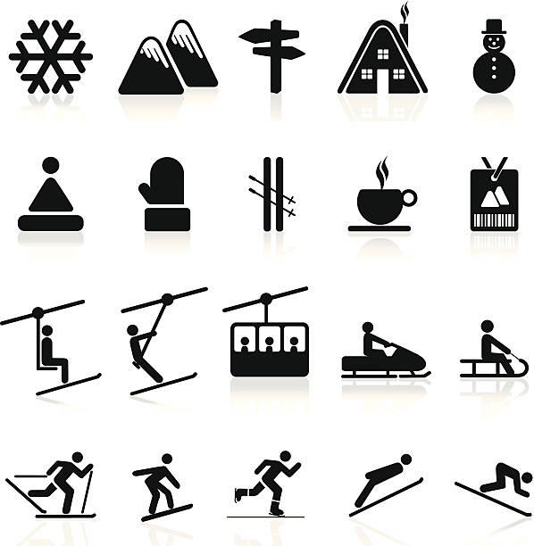 ilustraciones, imágenes clip art, dibujos animados e iconos de stock de iconos de invierno - snowmobiling silhouette vector sport