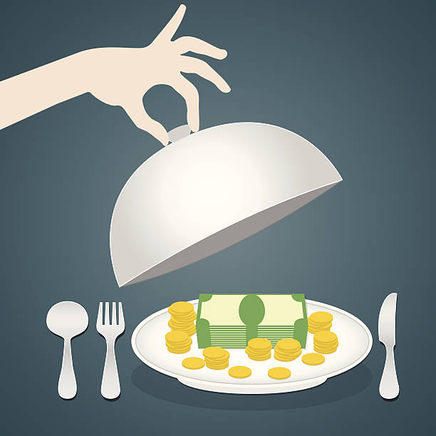 pieniądze na talerzu, służąc koncepcja biznesowa - dinner currency table business stock illustrations
