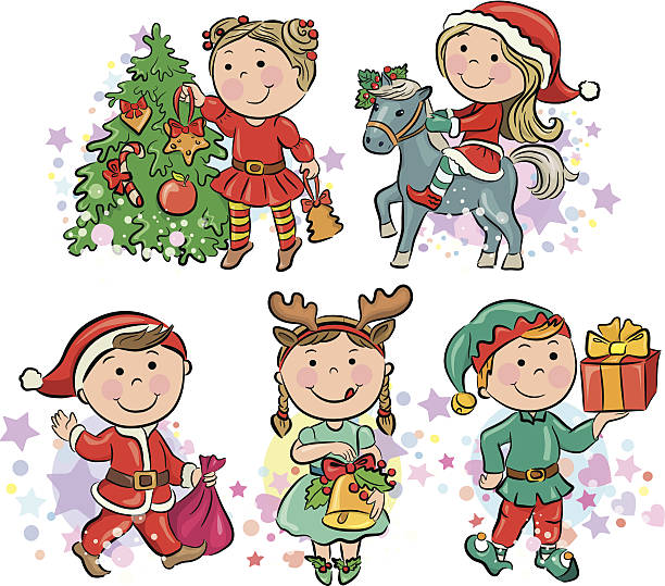 illustrazioni stock, clip art, cartoni animati e icone di tendenza di natale bambini - gift apple ribbon fruit