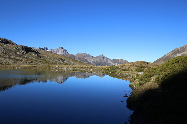 panorama alpino lago de montaña hirschebensee, kuhtai, tyrol, austria - european alps tirol rhododendron nature fotografías e imágenes de stock