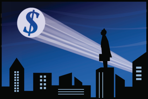 Vector illustration of a businessman superhero, standing on top of a building looking at a dollar symbol spotlight.