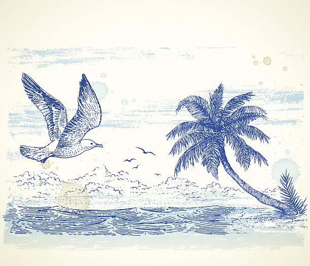 Vector illustration of A tropical beach drawing in blue ink