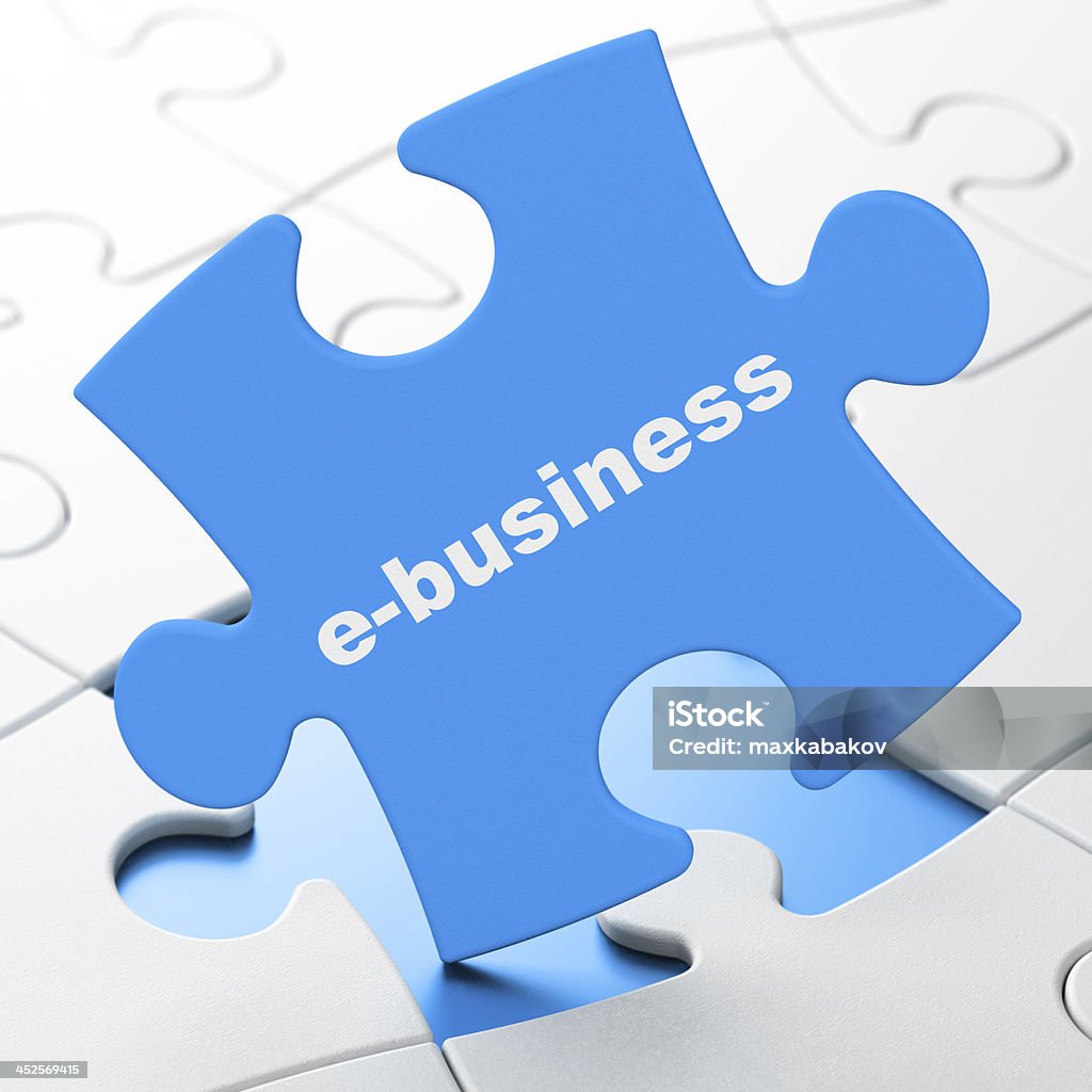 Business concept: E-business on puzzle background Business concept: E-business on Blue puzzle pieces background, 3d render Achievement Stock Photo