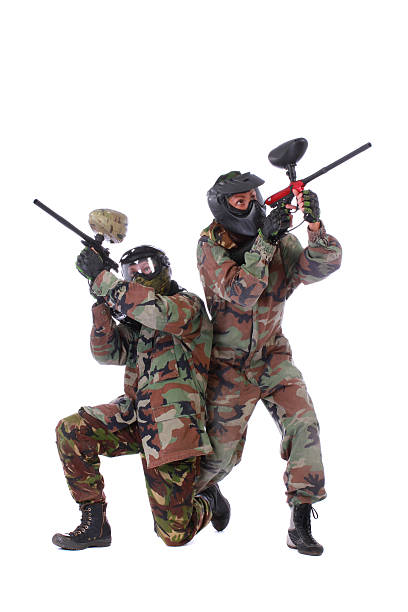 istock Studio shot of two paintball players 452569947