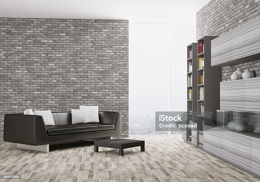 Modern living room with gray tones Interior of modern living room 3d render.  Apartment Stock Photo