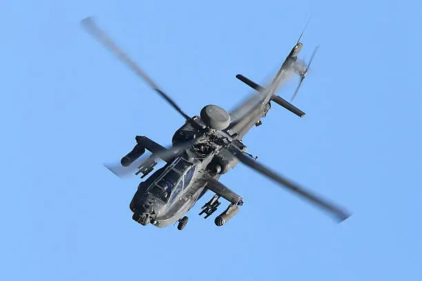 Top side view of a AH-64 Apache Attack Helicopter in flight