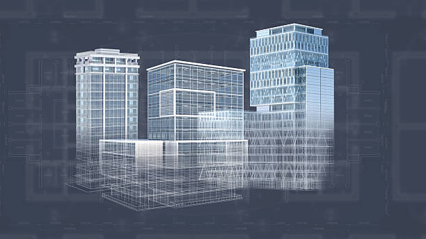 Architecture project blueprint background with 3D buildings model Office buildings background generated with a CAD software for architectural design, showing constuction plans, blueprint and structure. All models and plans are available in my portfolio. computer aided design stock pictures, royalty-free photos & images
